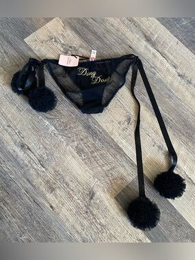 Agent Provocateur Black Noir Ding Dong Embroidered Pom Pom Underwear NWT S/M